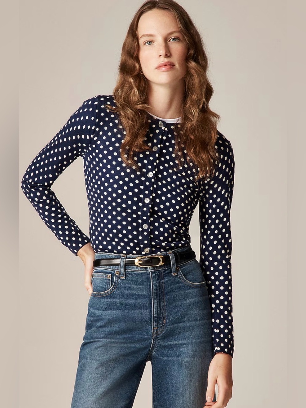 New! J.Crew Carolyn cardigan in polka-dot merino wool.